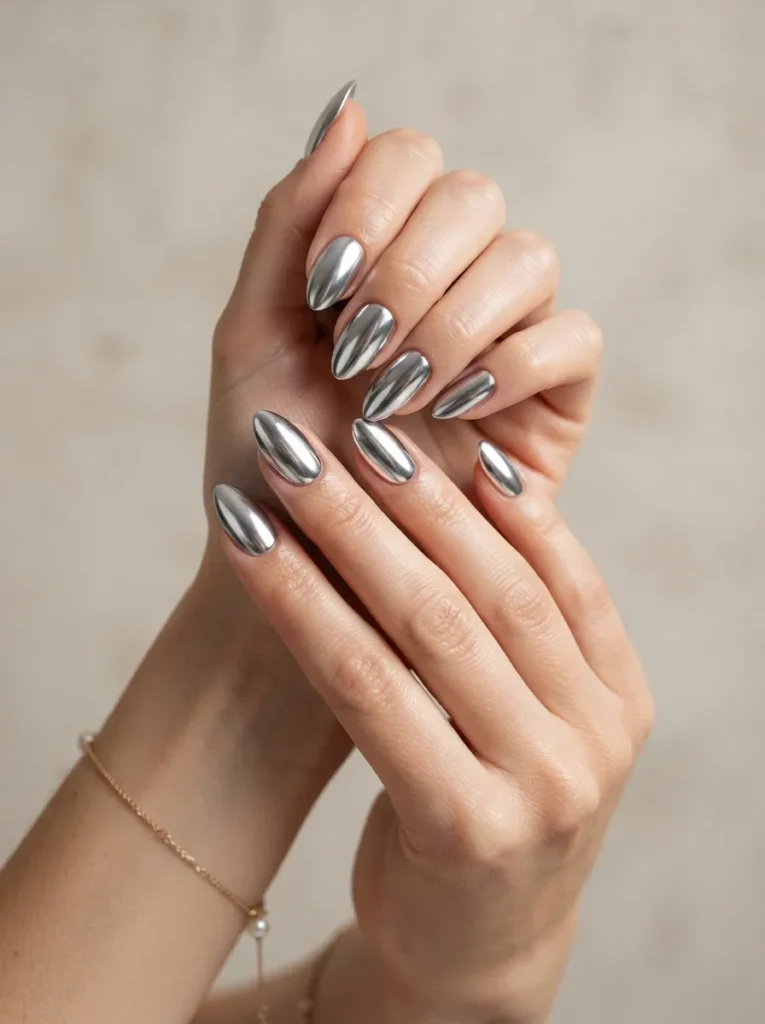 13. almond shaped chrome nails 202608182249