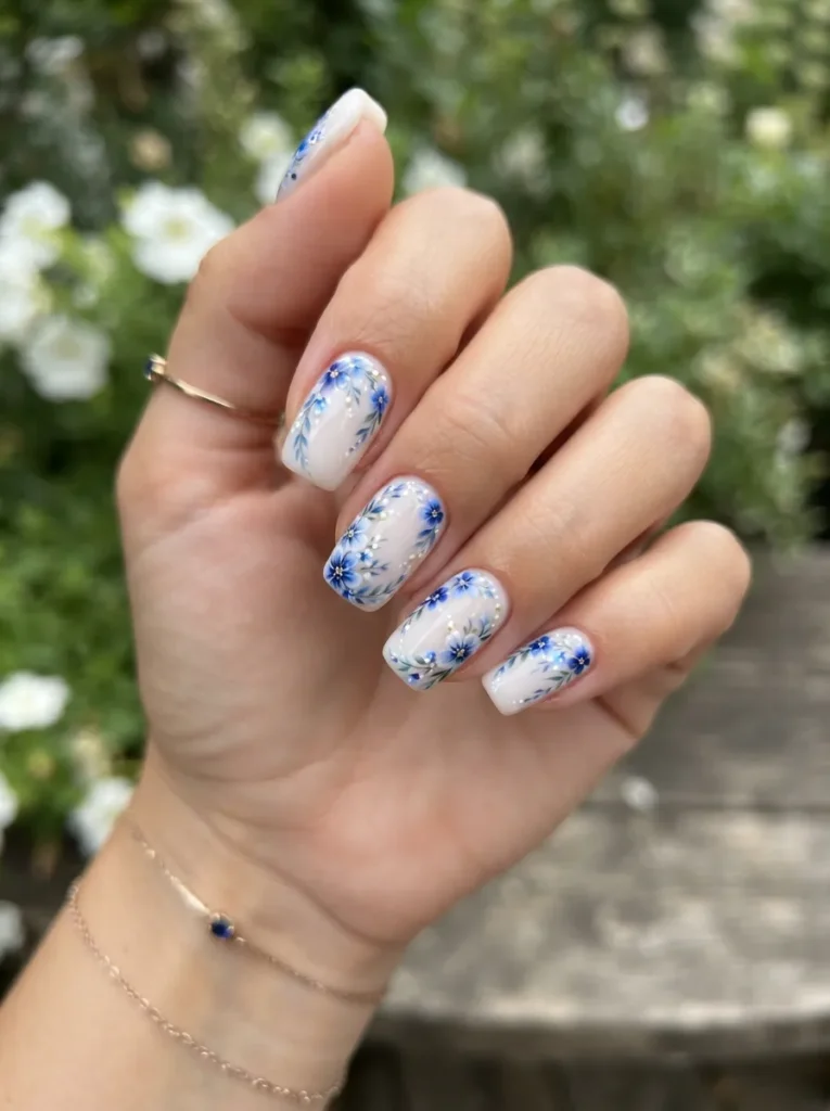 15. blue floral nail art 202608190151