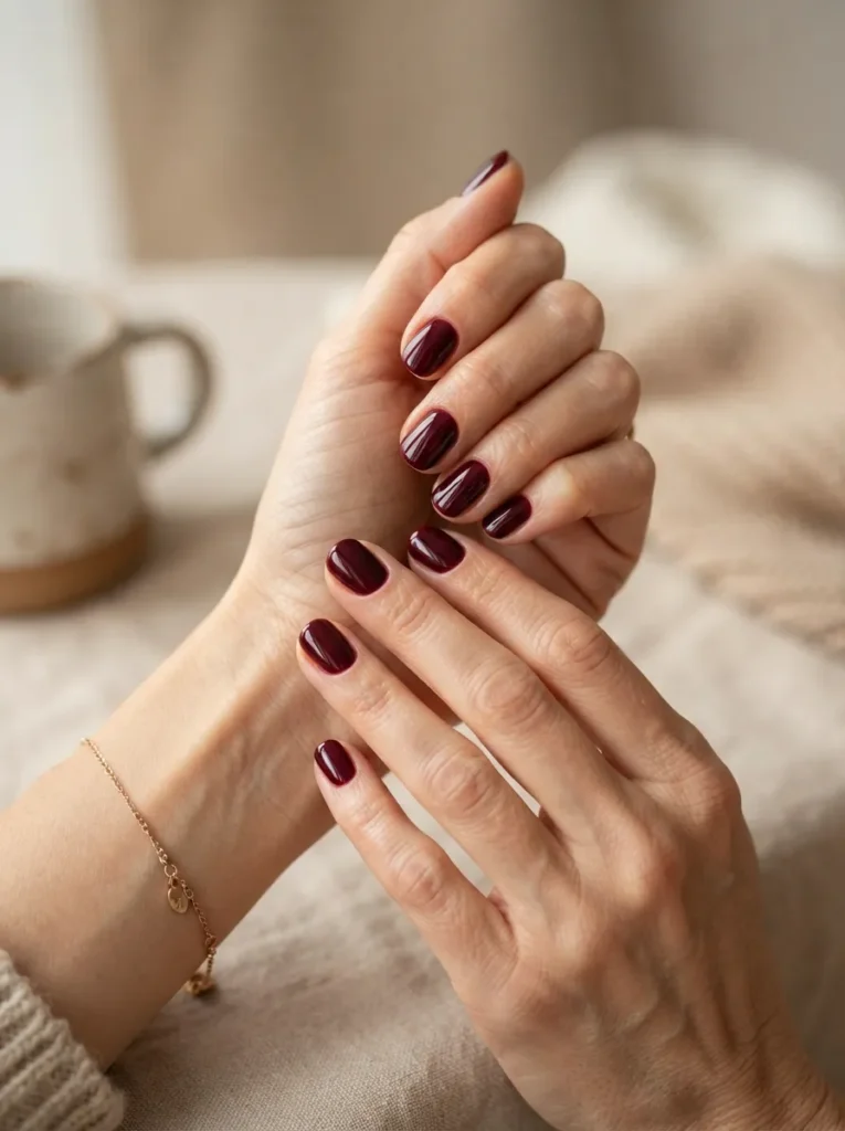16. deep burgundy round nails 202608200146