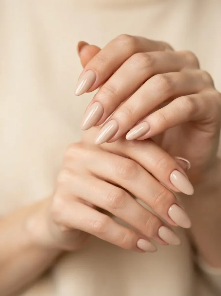 8. almond shaped nude nails 202608220401