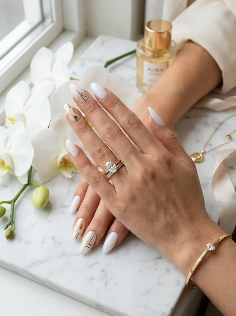 White with gold accents