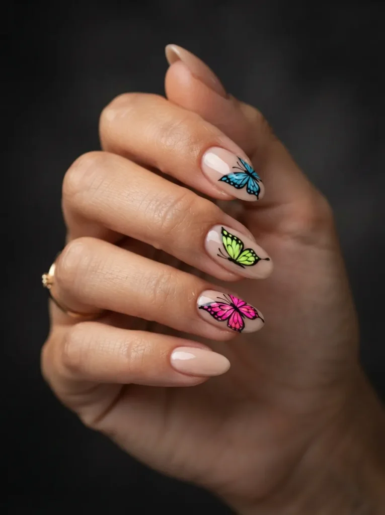 7. neon butterfly accent nails 202608220454