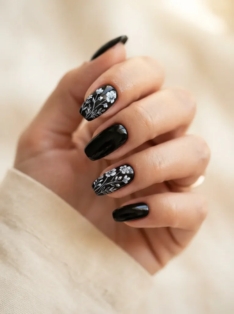 9. black floral nails 202608202148